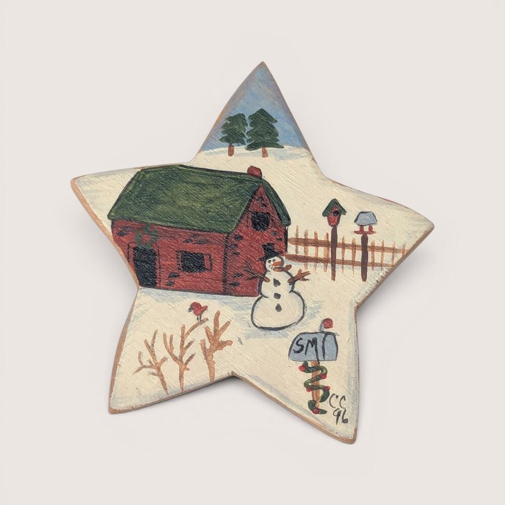 Vintage 1990s Hand Painted Wood Winter Star Brooch